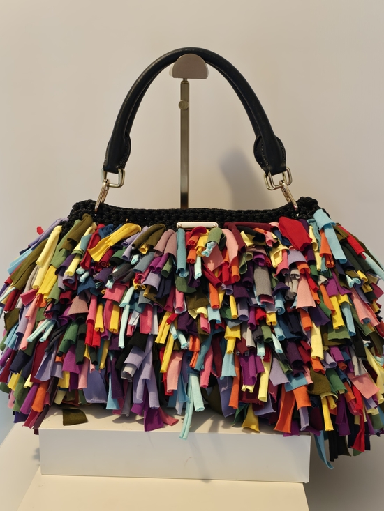 Hand Crafted Handbags - Hand Crafted Colorful Fringe Crochet Oversize Bag with Black Leather Handle